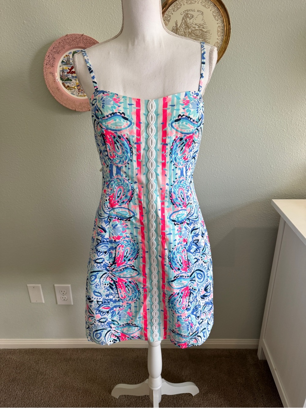Lilly Pulitzer Spaghetti Strap Dress in Aqua & Pink, Open Back, Size 10